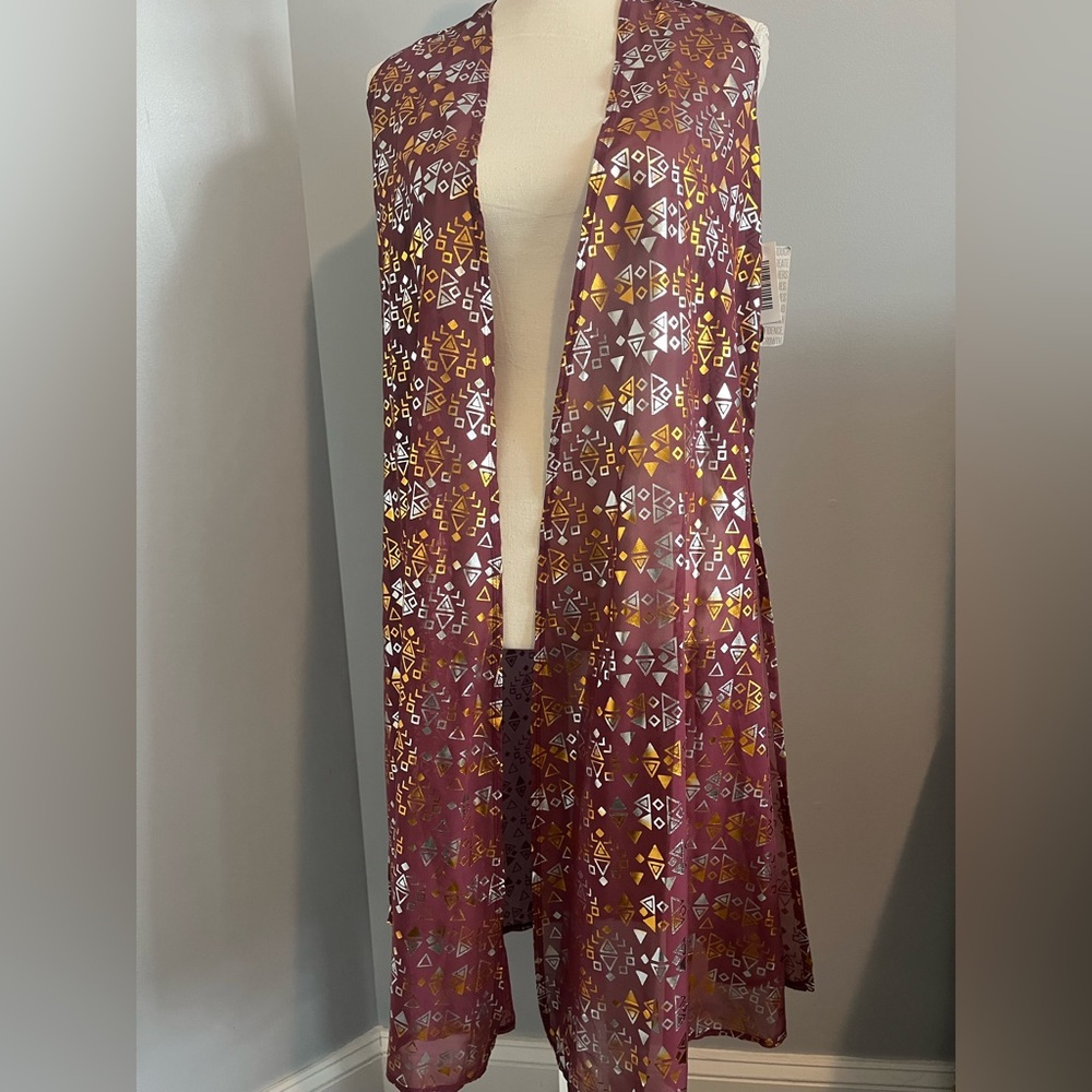LuLaRoe Burgundy “Joy” long cardigan vest with Gold and Silver Accents